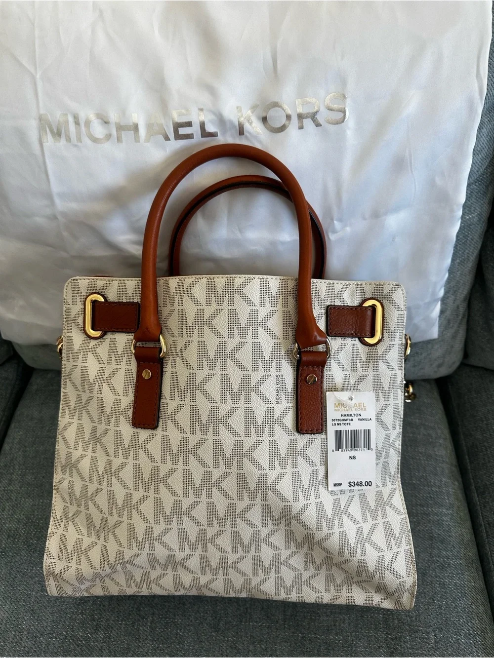 Michael Kors Cream Signature MK Satchel with Brown Leather Trim